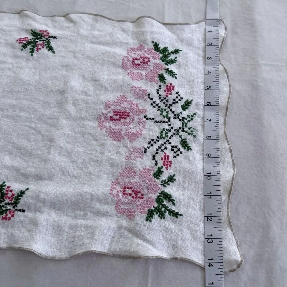 Vtg Handmade Cross Stitch Table Runner Pink Roses Linen Dresser Scarf 14x35 READ